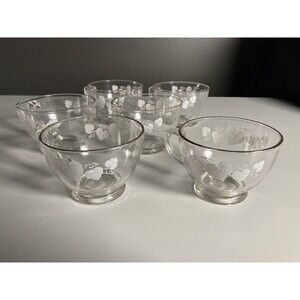 Anchor Hocking Glass Punch Cup Set (6) • White Grape Leaves • Gold Rim • Vintage